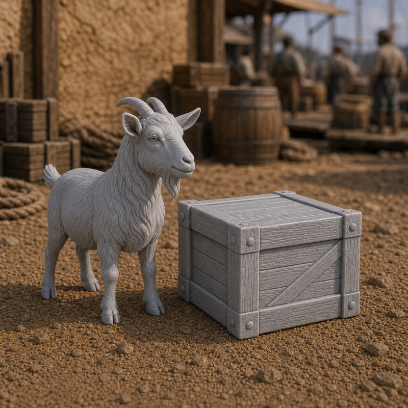 Goat Beside Crate - small colonial settlement goat standing beside a low wooden crate, 1:35 scale grey resin miniature.