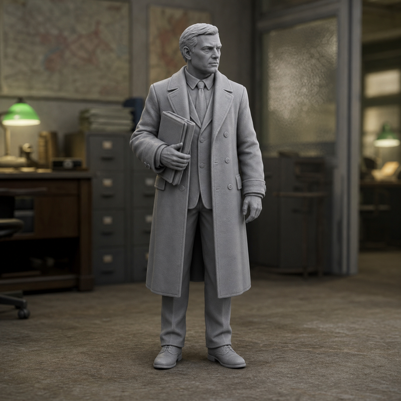 GRU Case Officer With Folder - Cold War Soviet GRU case officer in suit holding a paper folder, 1:35 scale grey resin miniature.
