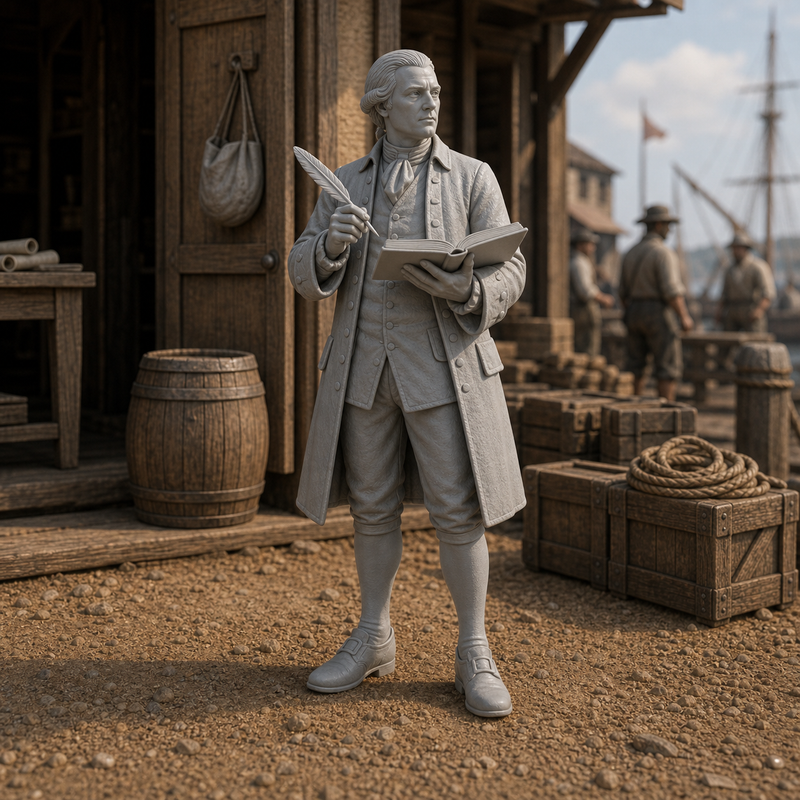 Harbor Clerk With Ledger - colonial period clerk in waistcoat with open ledger and quill, 1:35 scale grey resin miniature.