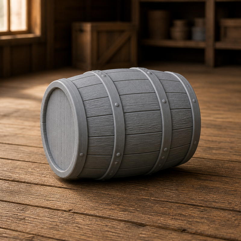 Horizontal Closed Barrel - barrel laid on its side, sealed, with chock wedges, 1:35 scale grey resin miniature.