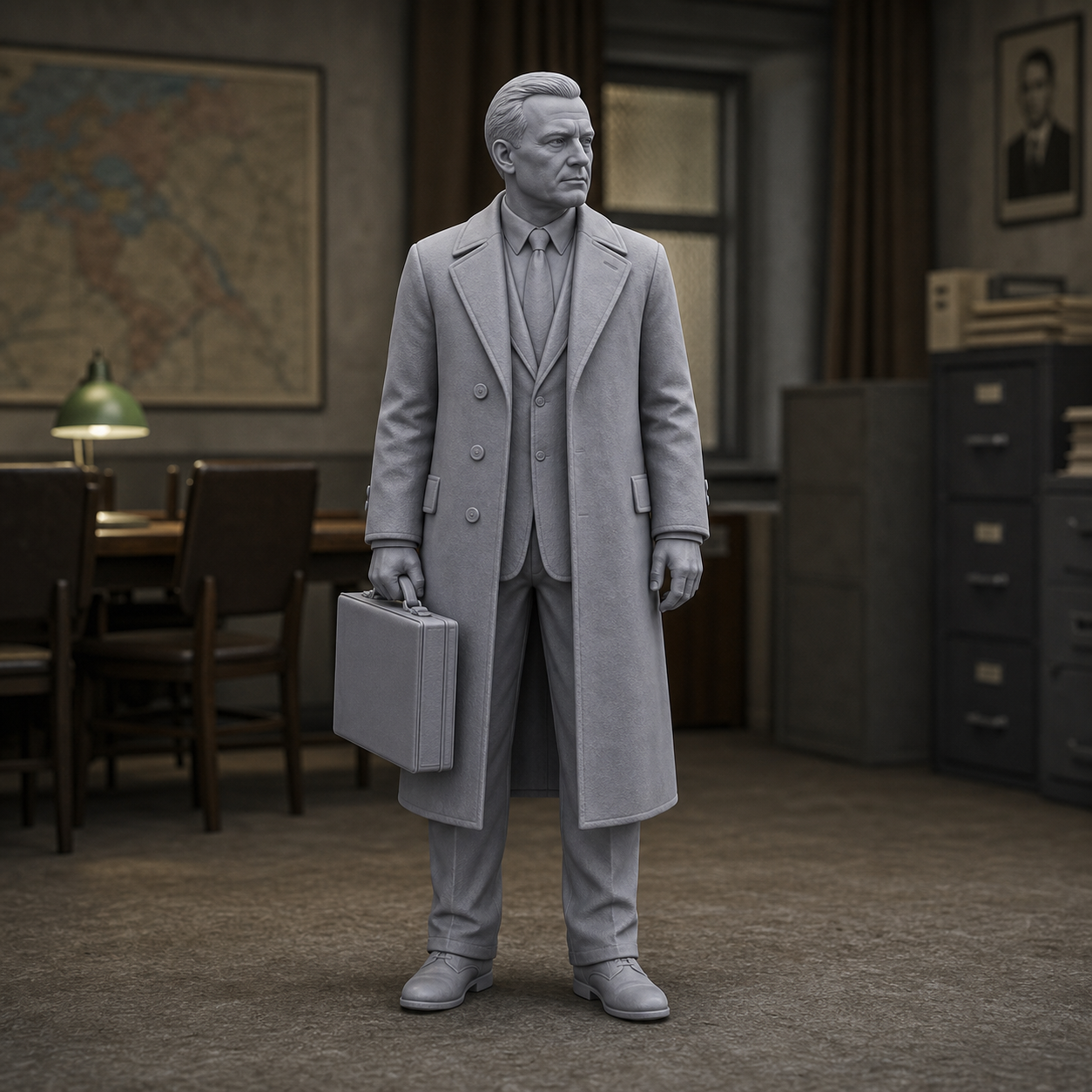 KGB Liaison Officer With Briefcase - Cold War KGB liaison officer in coat with briefcase, 1:35 scale grey resin miniature.