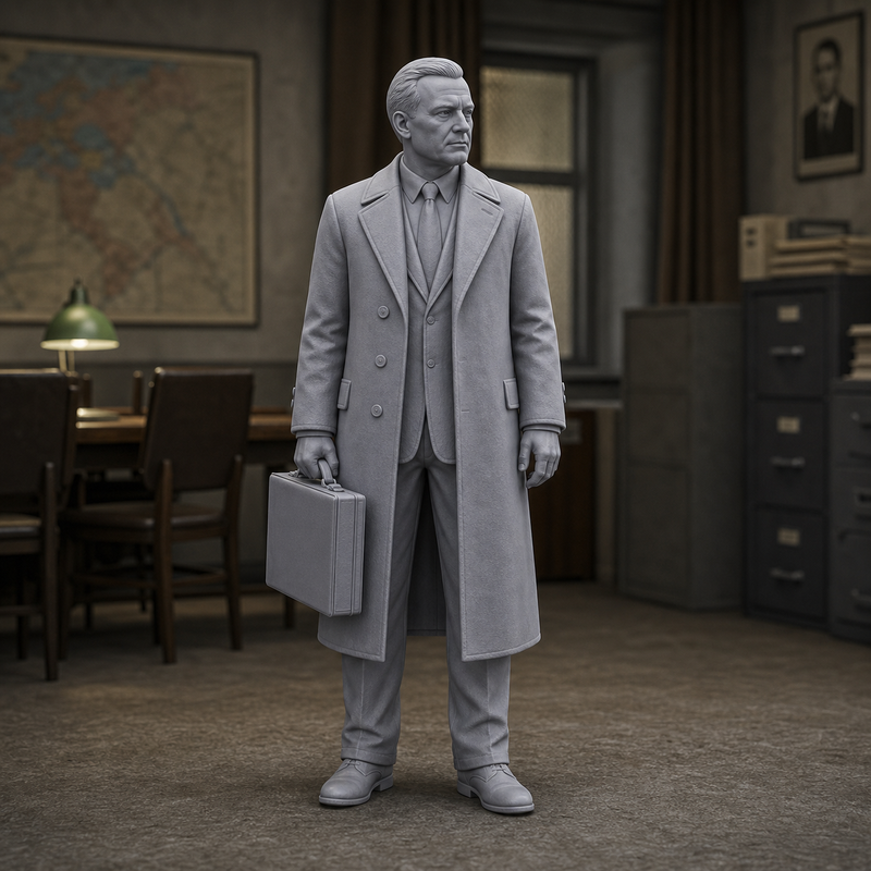 KGB Liaison Officer With Briefcase - Cold War KGB liaison officer in coat with briefcase, 1:35 scale grey resin miniature.