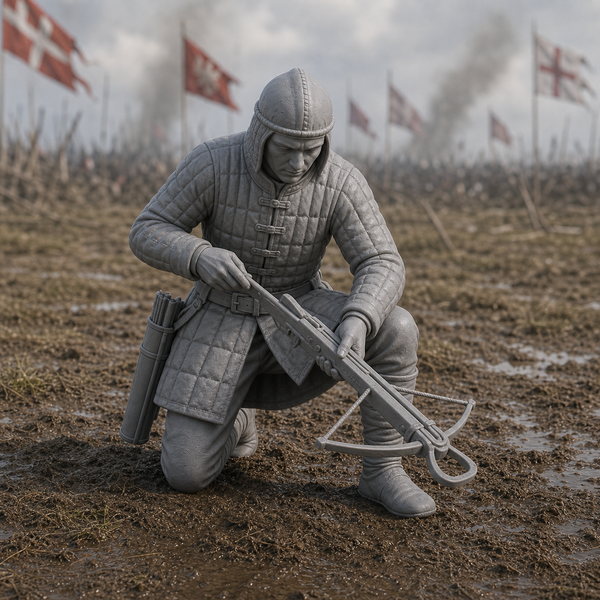 Kneeling Crossbowman Loading - 15th century crossbowman kneeling to span his crossbow, 1:35 scale grey resin miniature.