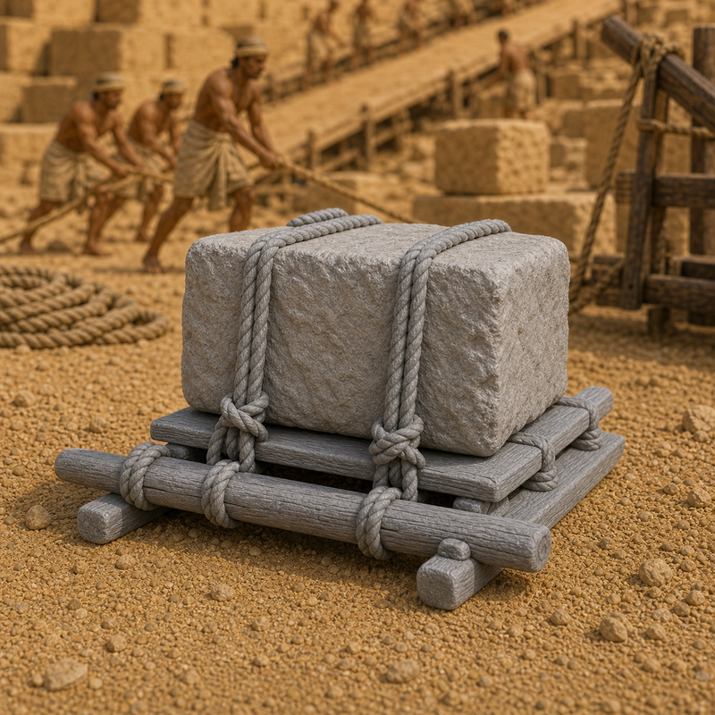 Limestone Block On Wooden Sledge - Old Kingdom Egyptian dressed limestone block strapped to a wooden sledge, 1:35 scale grey resin miniature.