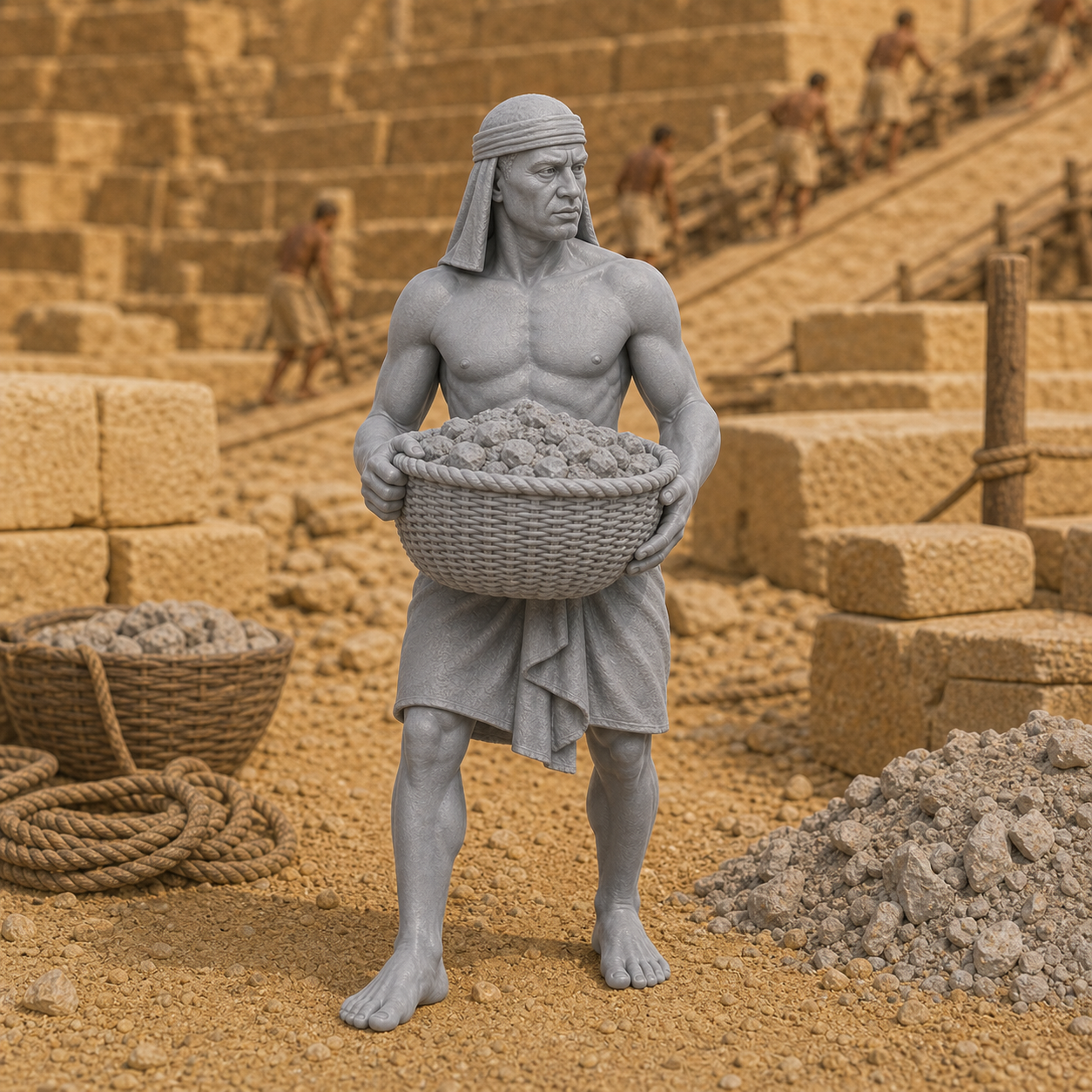 Linen Basket Worker - Old Kingdom Egyptian labourer carrying a stacked linen basket of debris on the head, 1:35 scale grey resin miniature.