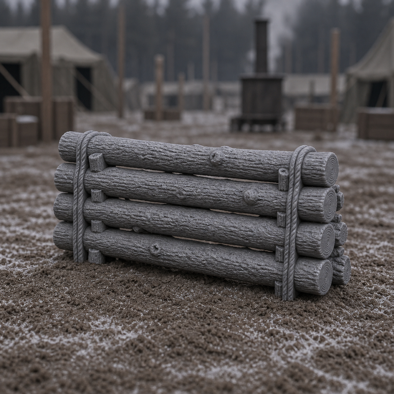 Log Barricade Segment - WWII Soviet field-camp log barricade fragment, 1:35 scale grey resin miniature.