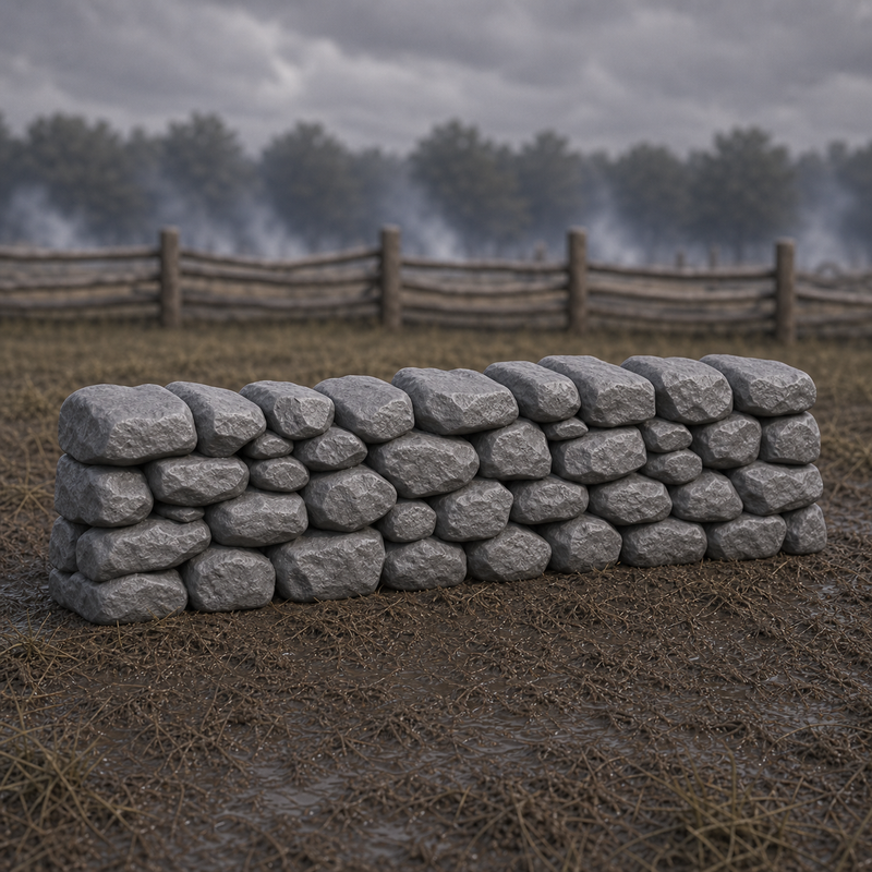 Low Stone Wall Section - Civil War-era low dry-stone field boundary wall, 1:35 scale grey resin miniature.