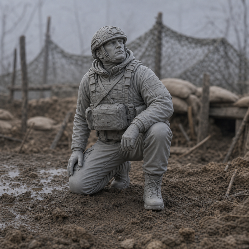 Medic Under Drone Netting - Ukrainian field medic working under anti-drone netting, 1:35 scale grey resin miniature.