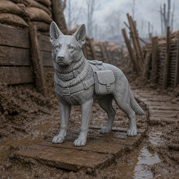 Messenger Dog With Satchel - WW1 trained messenger dog wearing leather satchel, mid-trot through trench, 1:35 scale grey resin miniature.