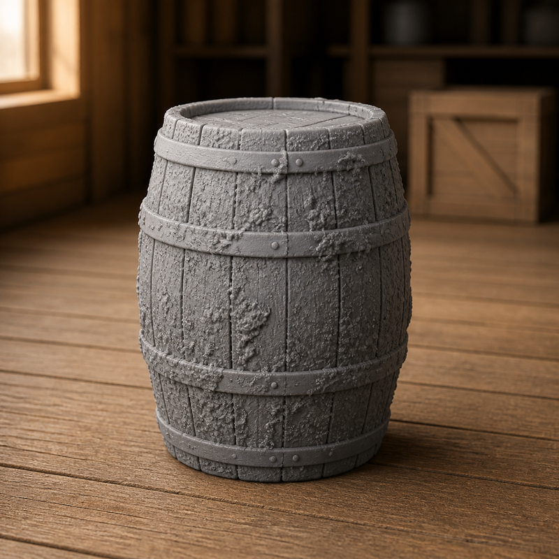 Mud Crusted Barrel - heavily mud-caked old barrel, 1:35 scale grey resin miniature.