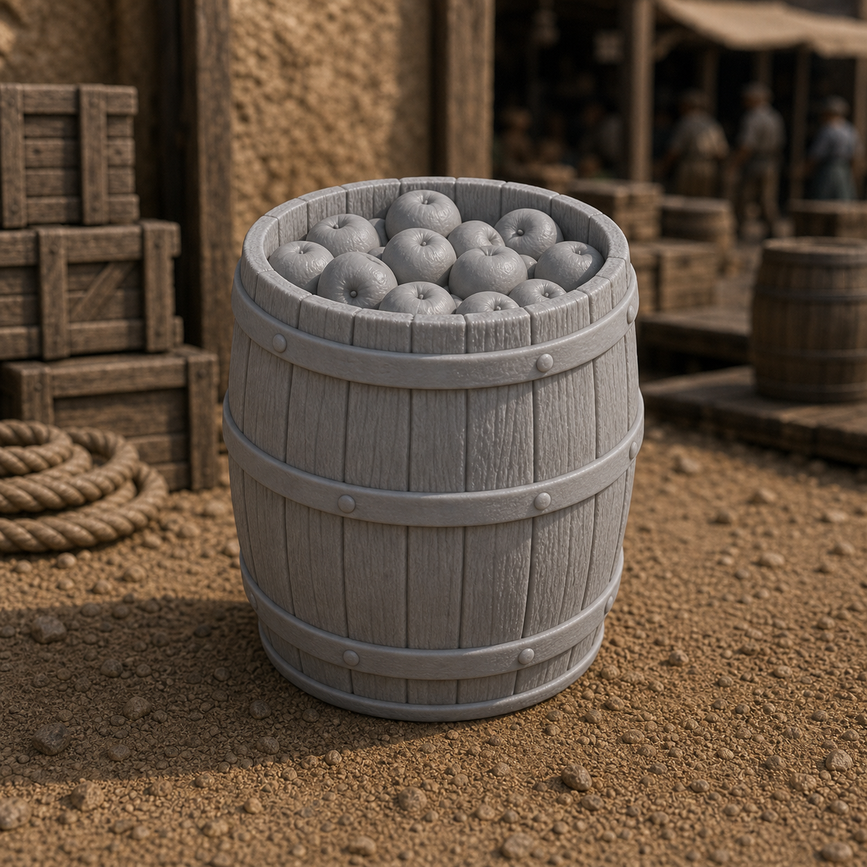 Open Barrel With Apples - open wooden barrel filled with rounded apples, 1:35 scale grey resin miniature.