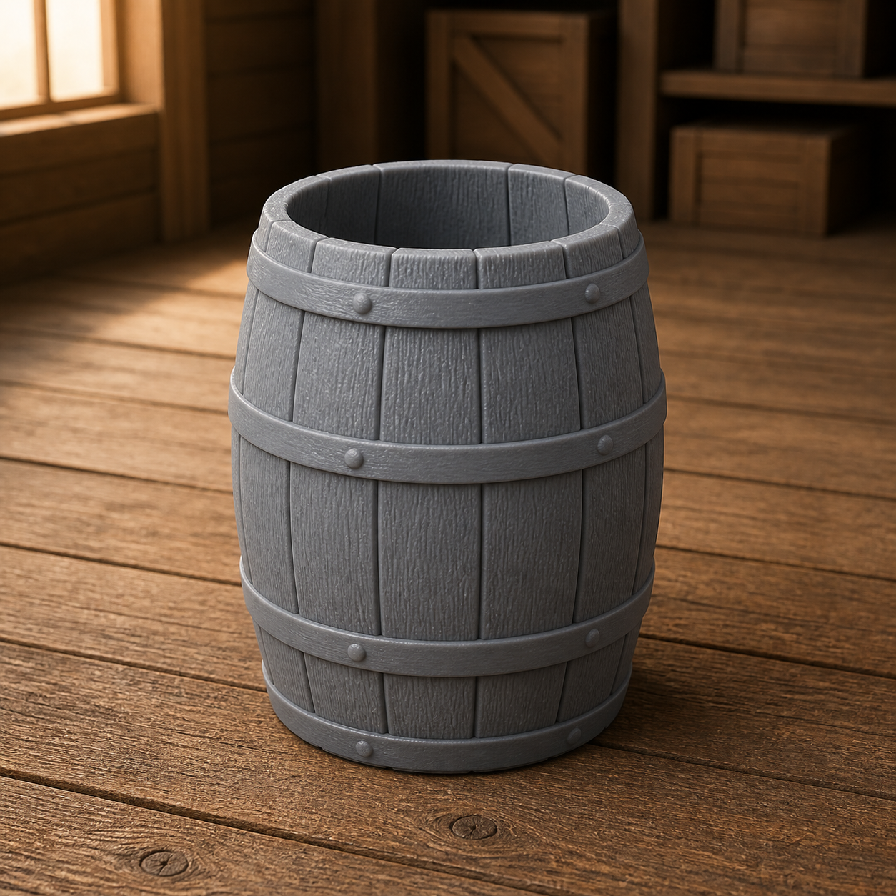 Open Top Barrel - barrel with no upper head, suitable for rainwater or bulk storage, 1:35 scale grey resin miniature.