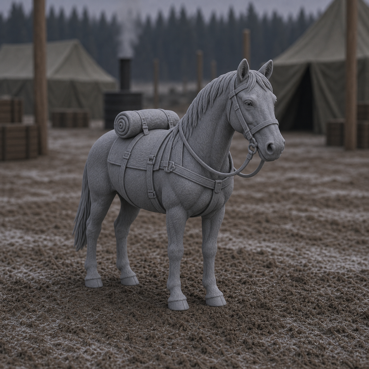Pack Horse With Rolled Blanket - WWII Soviet pack horse with rolled blanket and basic harness, 1:35 scale grey resin miniature.