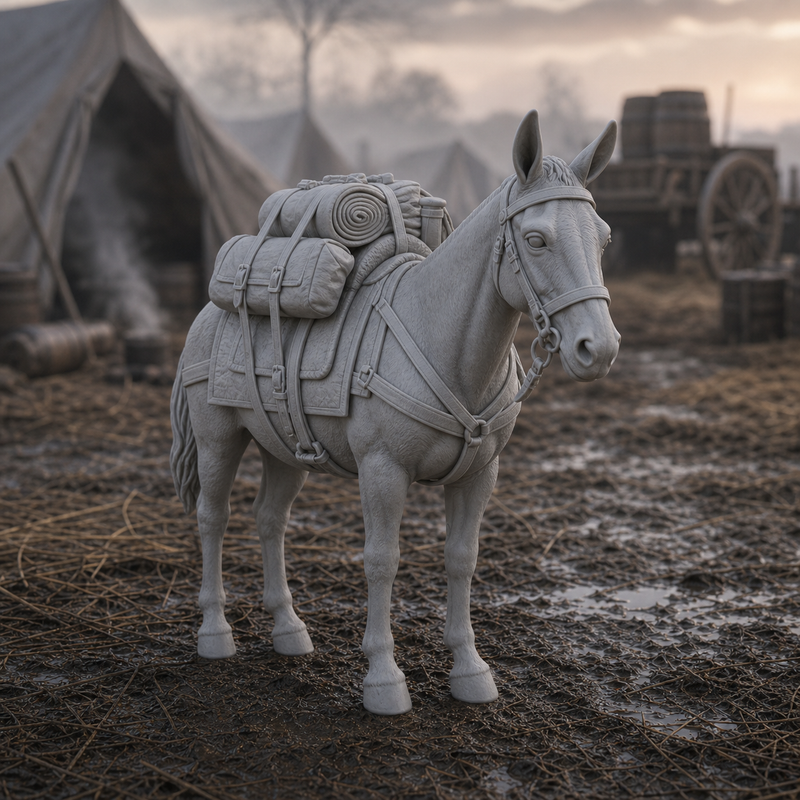 Pack Mule With Campaign Saddle - Napoleonic French campaign pack mule with saddle, panniers, and rolled blanket, 1:35 scale grey resin miniature.