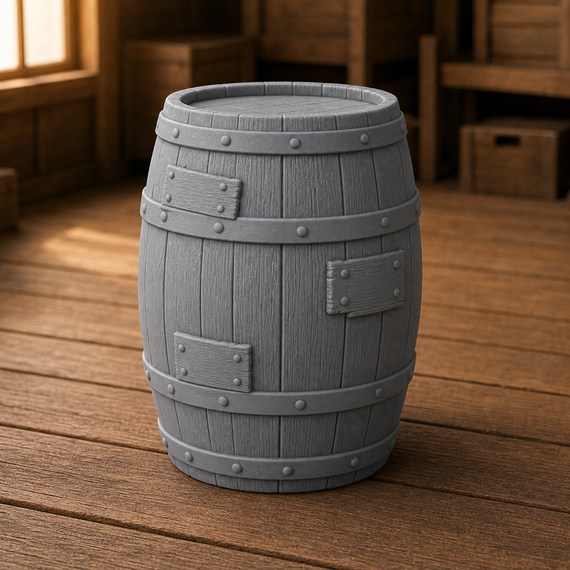 Patched Stave Barrel - barrel with one stave replaced and visibly patched, 1:35 scale grey resin miniature.