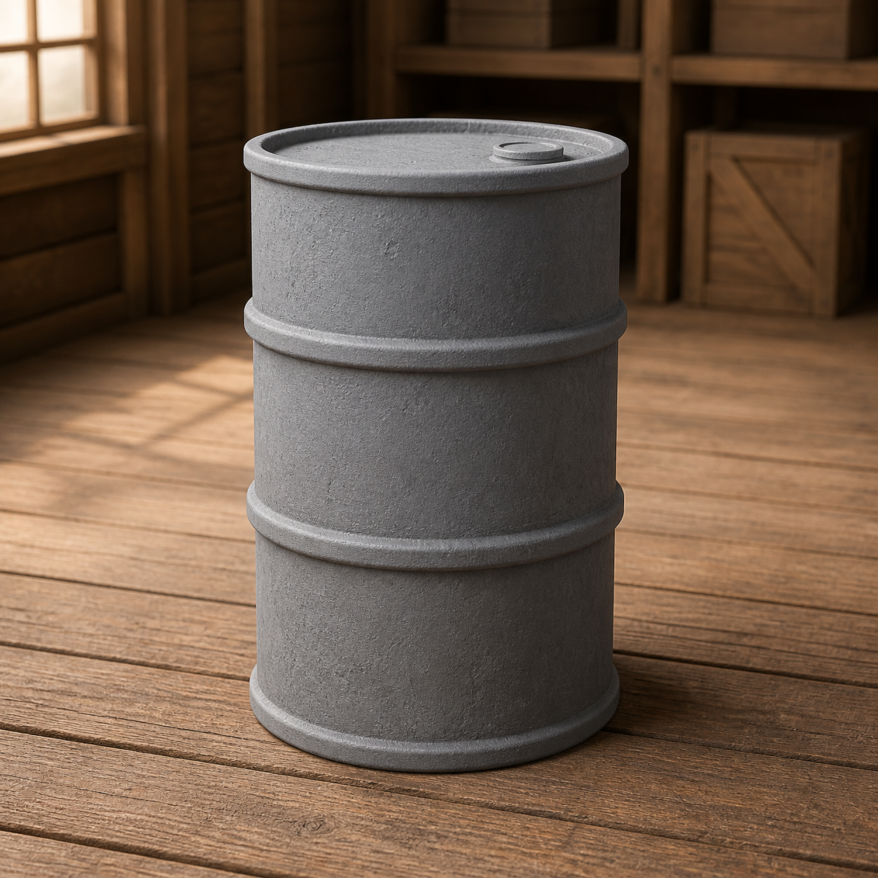 Patinated Oil Barrel - heavily patinated industrial steel oil drum with rust and oil streaks, 1:35 scale grey resin miniature.