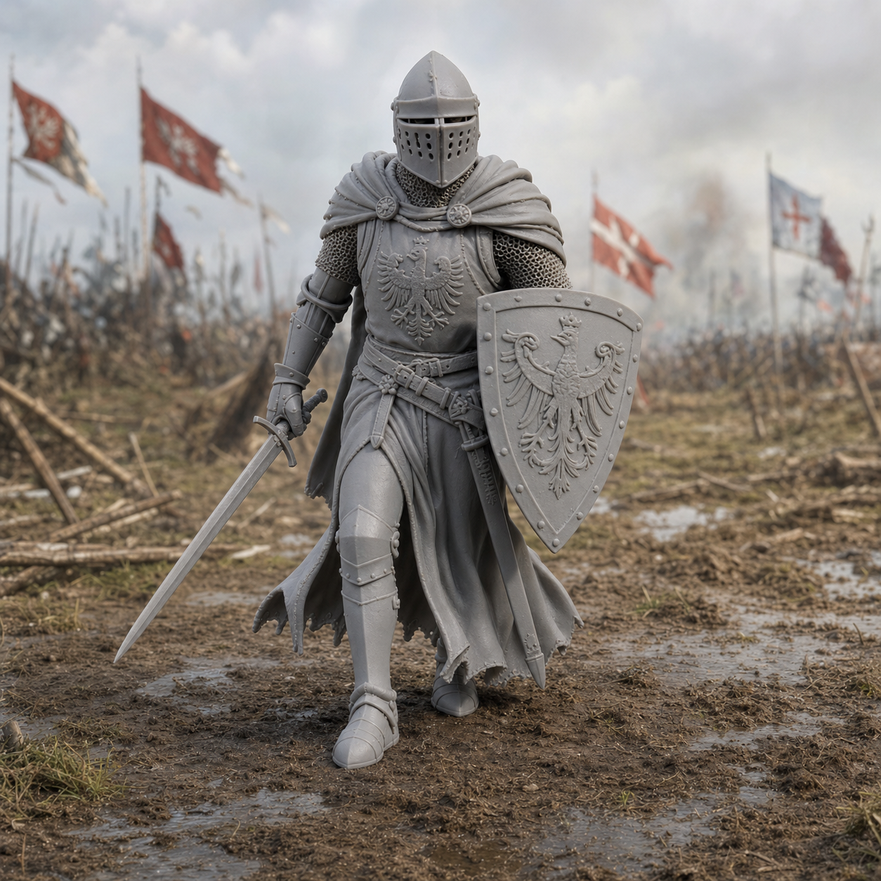 Polish Crown Knight Advancing - 15th century Polish Crown knight in plate harness advancing at Grunwald, 1:35 scale grey resin miniature.