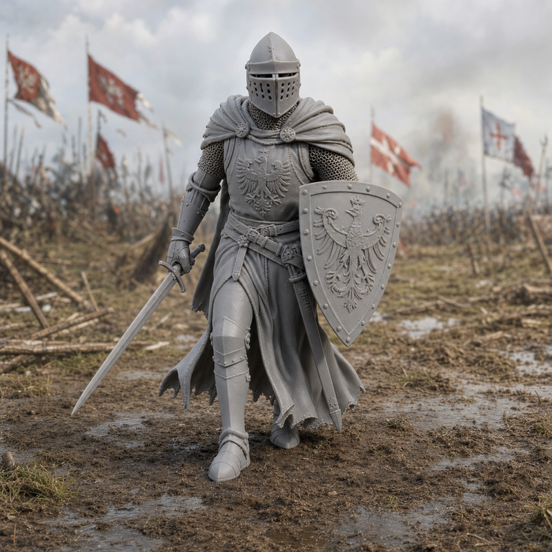 Polish Crown Knight Advancing - 15th century Polish Crown knight in plate harness advancing at Grunwald, 1:35 scale grey resin miniature.