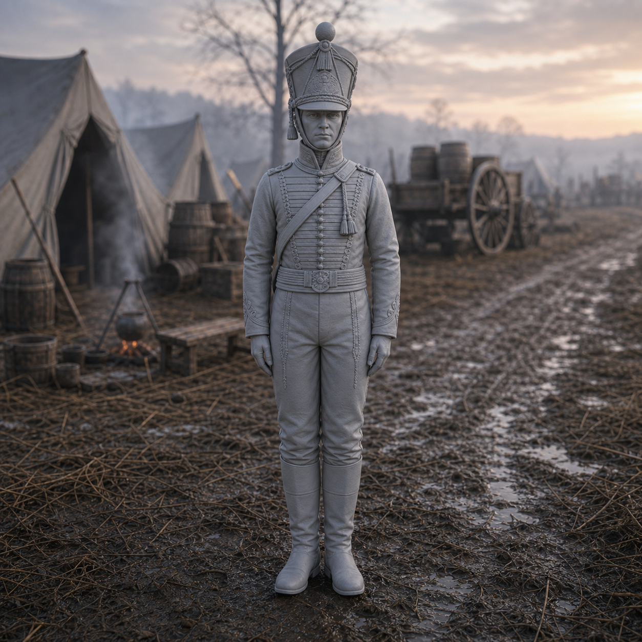 Polish Lancer At Attention - Napoleonic French-service Polish lancer in czapka and kurtka, 1:35 scale grey resin miniature.