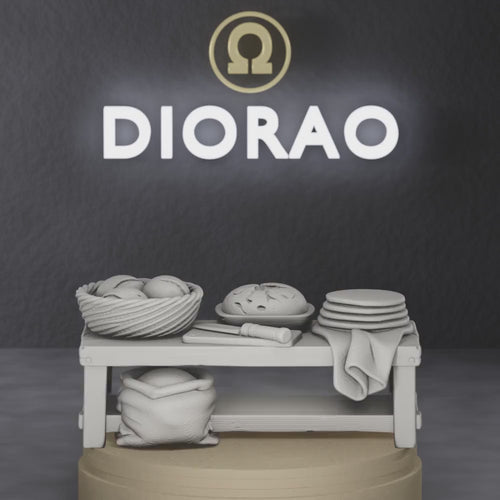 Bread Basket Stall — Roman pistor's market stall with stacked round loaves, 1:35 scale grey resin miniature.