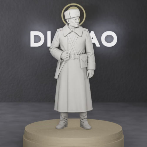 Border Guard Sentry In Greatcoat - Cold War Soviet KGB border guard in greatcoat with shouldered rifle, 1:35 scale grey resin miniature.