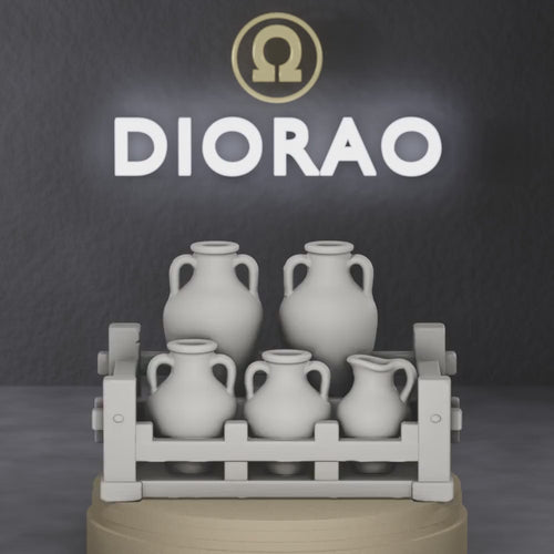 Amphora and Jug Set — Roman marketplace ceramic vessels including amphorae, urna, and small jugs, 1:35 scale grey resin miniature.