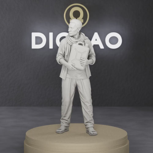 Civilian Water Carrier - modern Sahel civilian carrying a plastic jerrycan of water, 1:35 scale grey resin miniature.