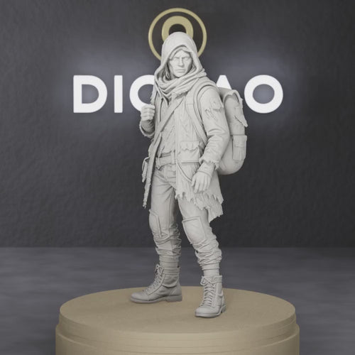 Ash Covered Camp Scout - near-future post-event camp scout in scavenged kit with respirator, 1:35 scale grey resin miniature.