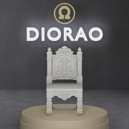 Carved Noble Chair - elaborately carved high-status noble chair with relief panels, 1:35 scale grey resin miniature.