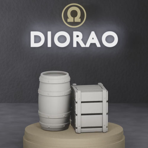 Barrel And Crate Pair - early medieval wooden barrel beside a planked crate, 1:35 scale grey resin miniature.