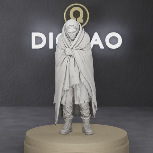 Blanket Wrapped Refugee - near-future displaced civilian wrapped in heavy blanket, 1:35 scale grey resin miniature.