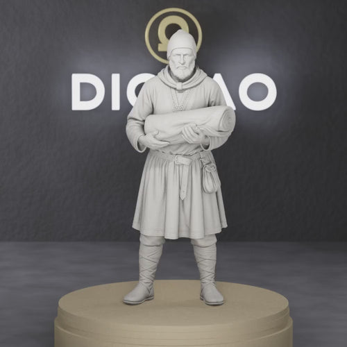 Cloth Vendor - early medieval Parisian cloth trader holding folded bolt across the arms, 1:35 scale grey resin miniature.