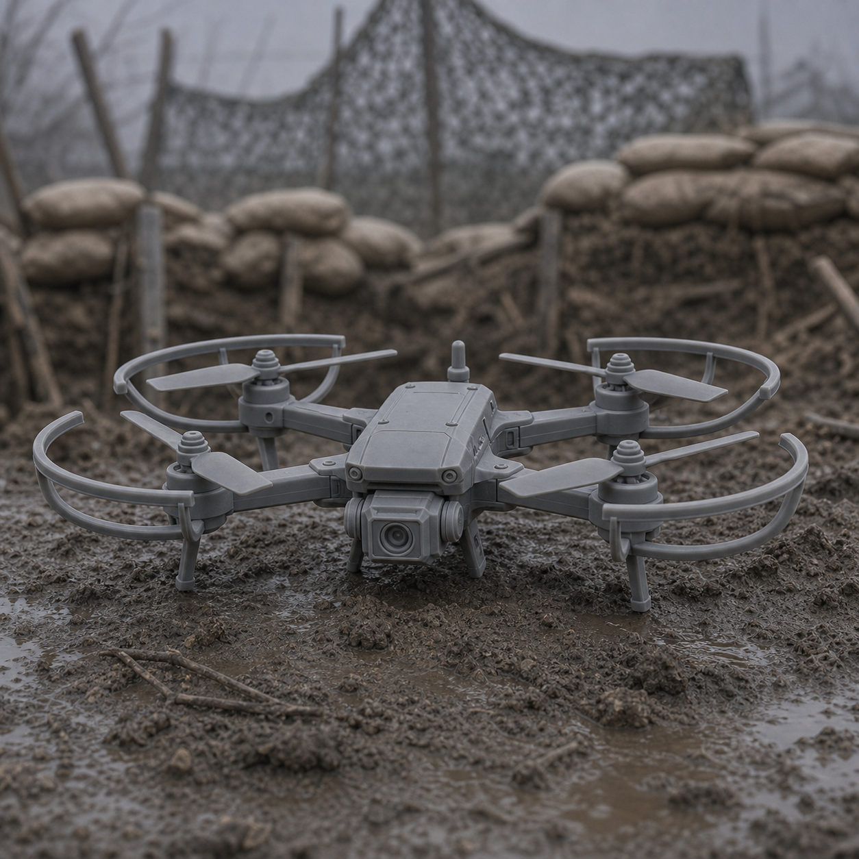 Quadcopter Recon Drone - small consumer-grade quadcopter recon drone on the ground, 1:35 scale grey resin miniature.