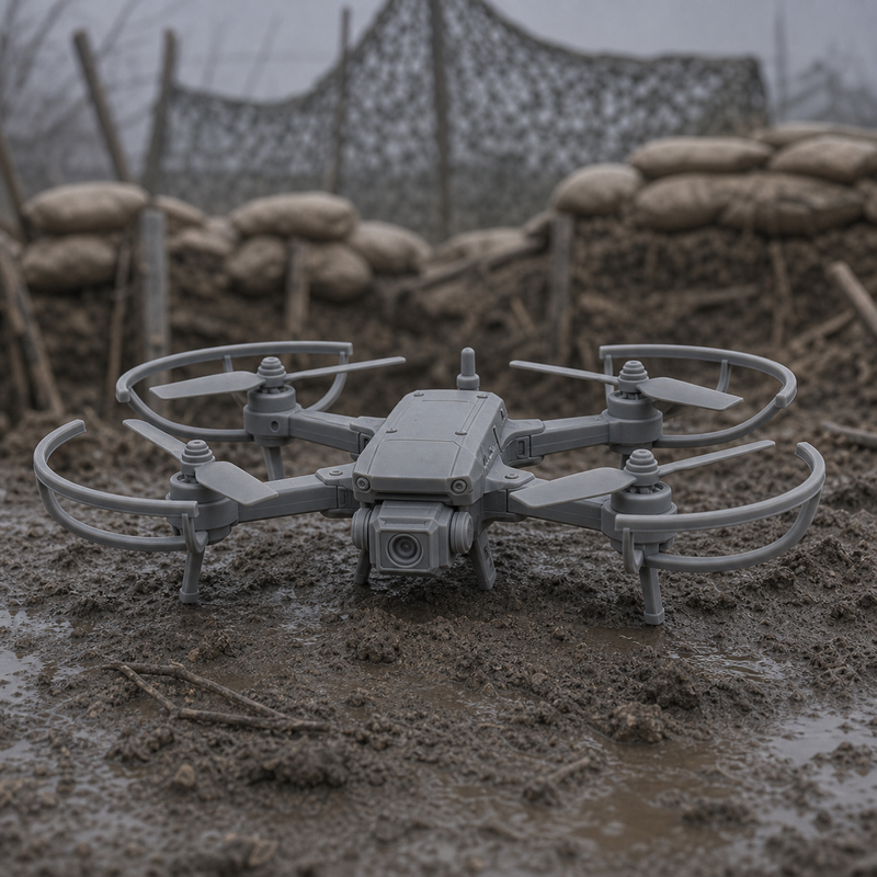 Quadcopter Recon Drone - small consumer-grade quadcopter recon drone on the ground, 1:35 scale grey resin miniature.