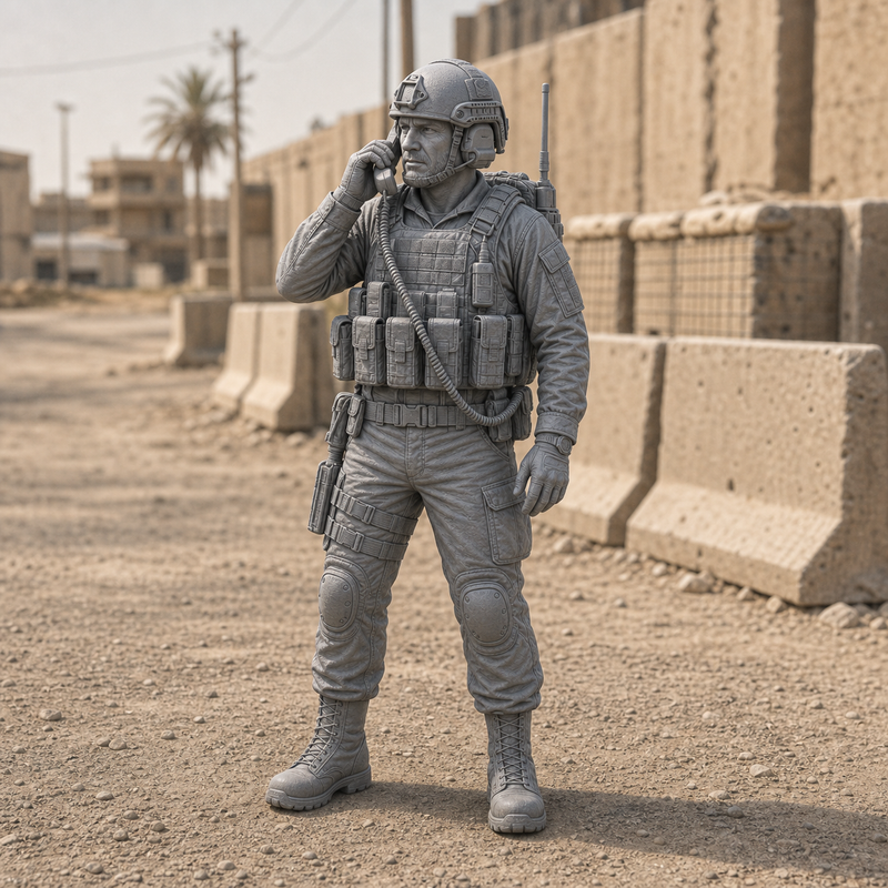 Radio Operator With Handset - modern infantry radio operator with backpack radio and handset to ear, 1:35 scale grey resin miniature.