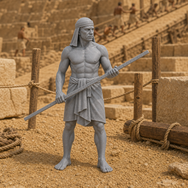 Ramp Overseer With Measuring Rod - Old Kingdom Egyptian work overseer holding a wooden measuring rod, 1:35 scale grey resin miniature.