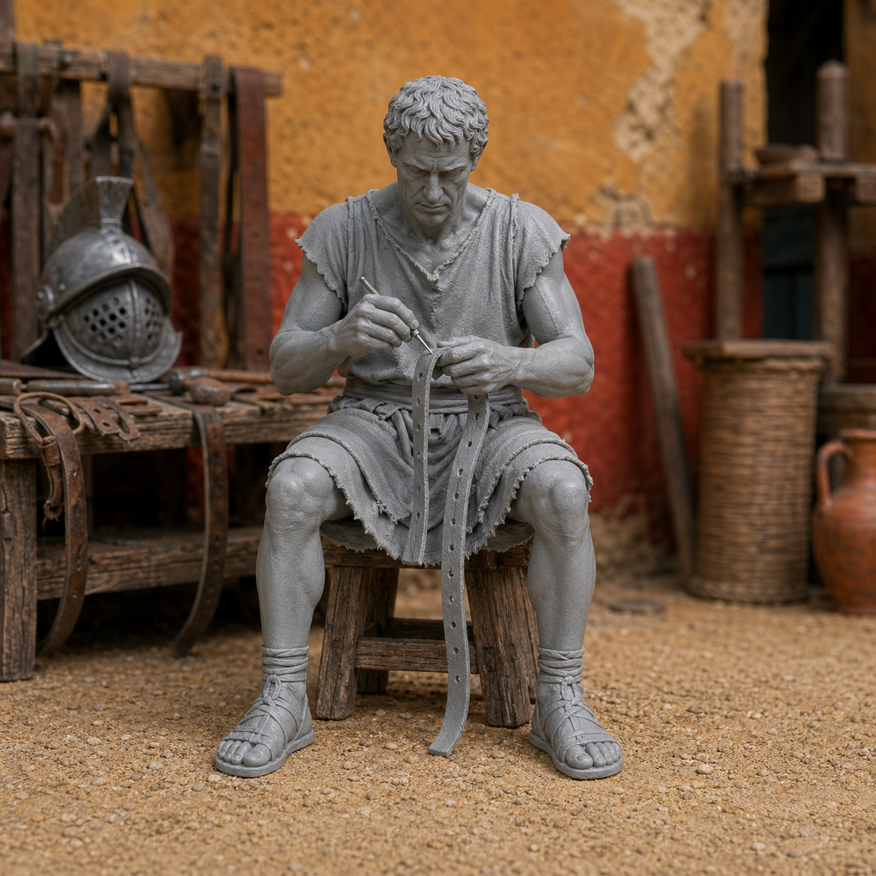 Leather Repair Worker — Roman ludus support craftsman, 1:35 scale grey resin miniature, seated/bent pose, repairing training straps.