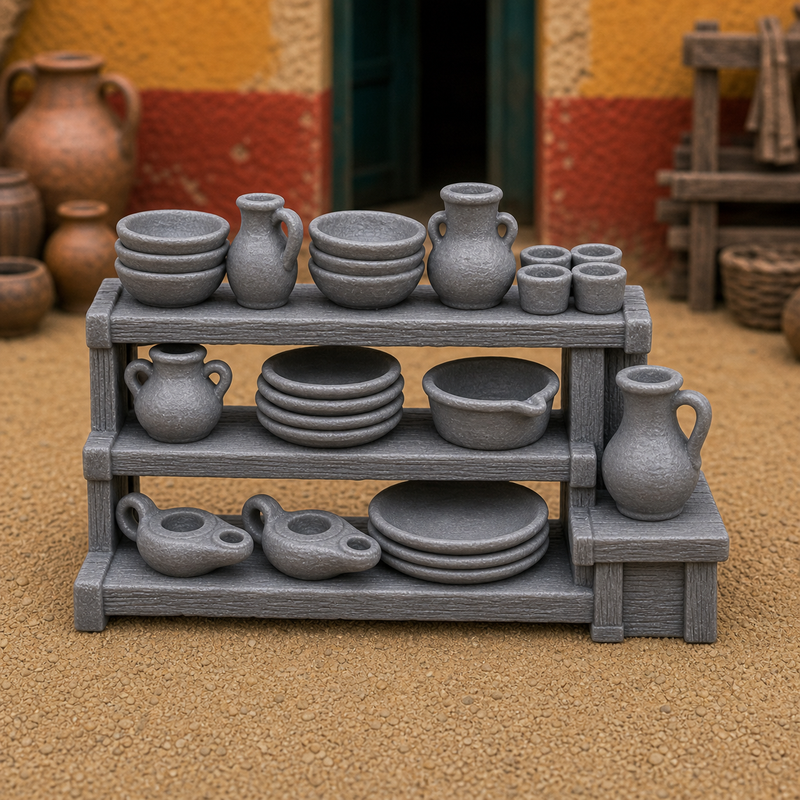 Pottery Display Table — Roman marketplace table arrayed with bowls, cups, and pitchers, 1:35 scale grey resin miniature.