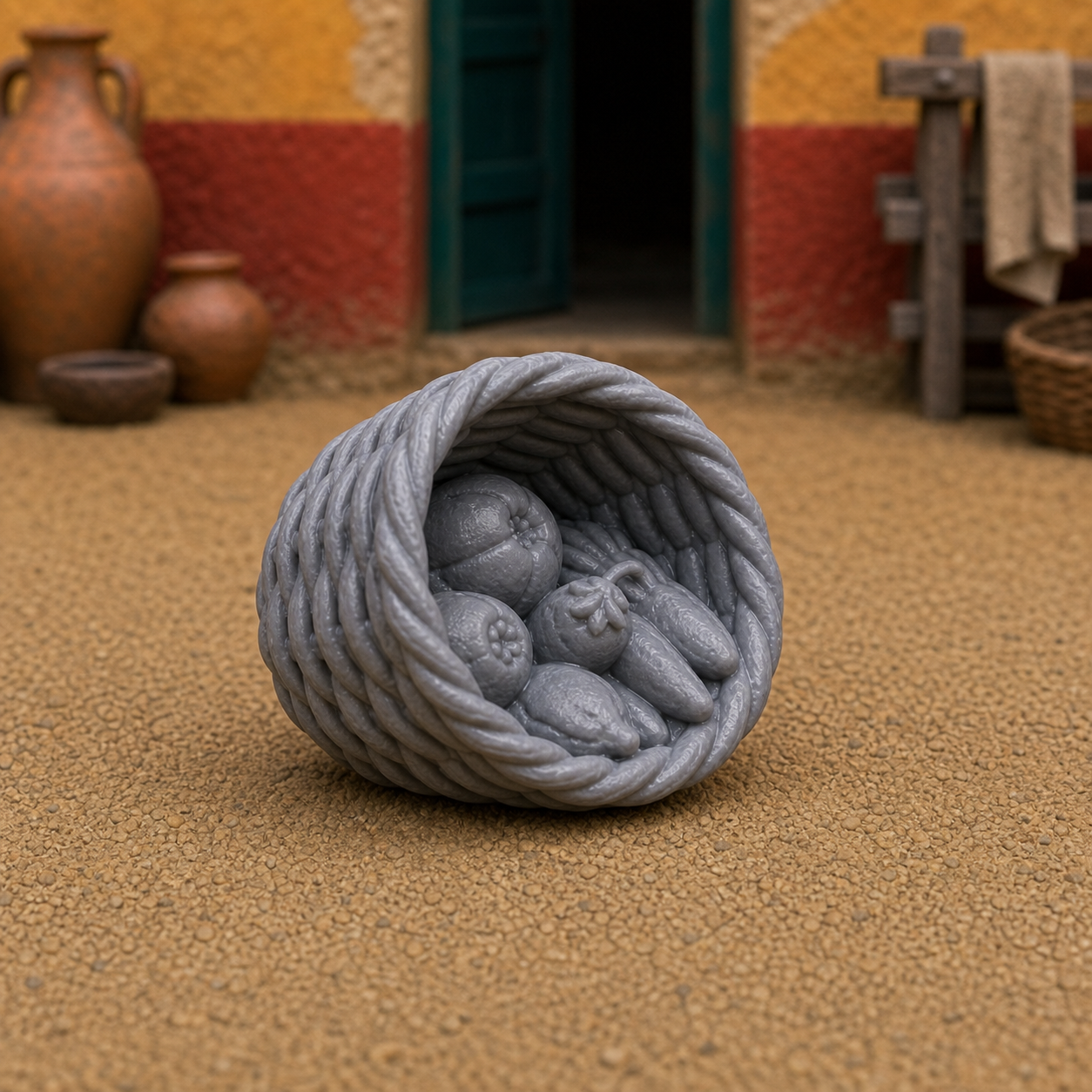 Tipped Wicker Basket — Roman wicker basket on its side with spilled produce, 1:35 scale grey resin miniature.
