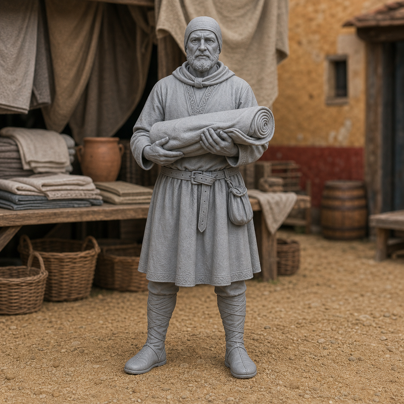 Cloth Vendor - early medieval Parisian cloth trader holding folded bolt across the arms, 1:35 scale grey resin miniature.