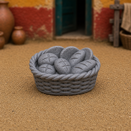 Bread Basket — Roman wicker basket of round panis loaves, 1:35 scale grey resin miniature.
