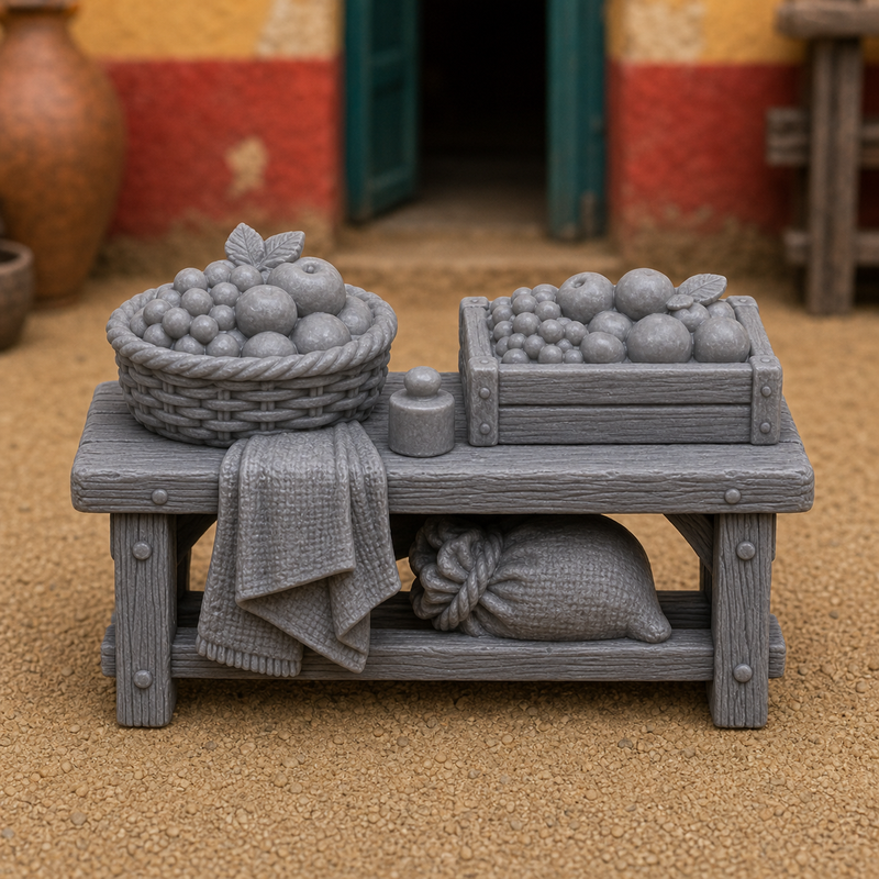 Fruit Vendor Table — Roman marketplace stall with fresh fruit, 1:35 scale grey resin miniature.