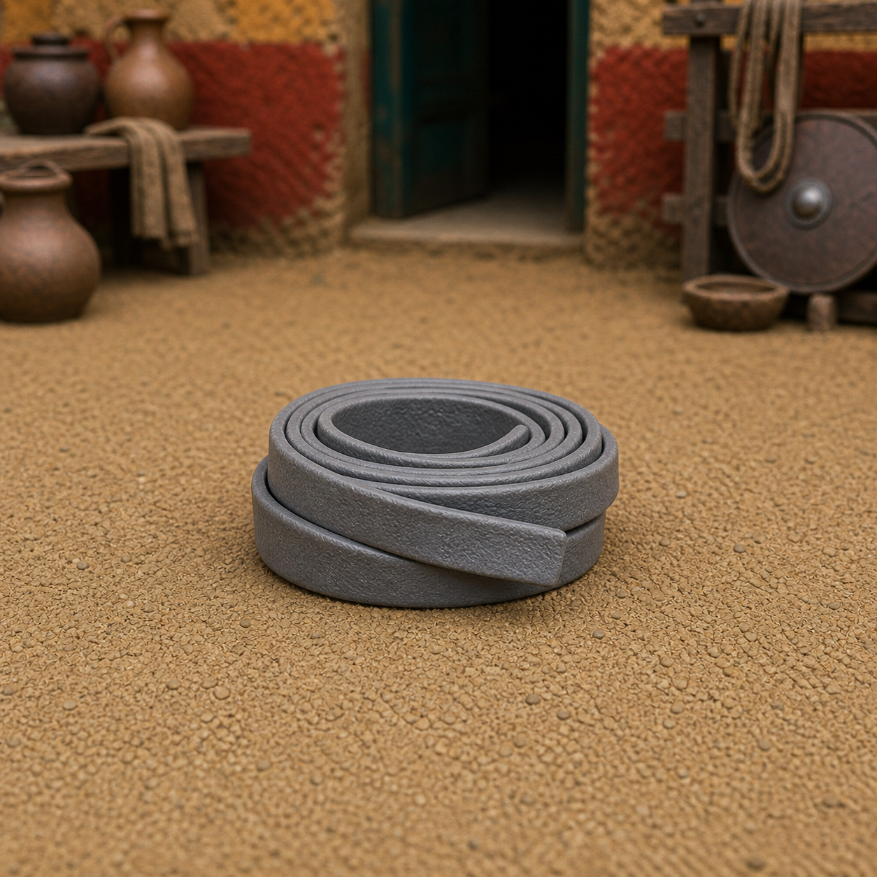 Leather Strap Coil — coiled cured leather strap for Roman workshop use, 1:35 scale grey resin miniature.