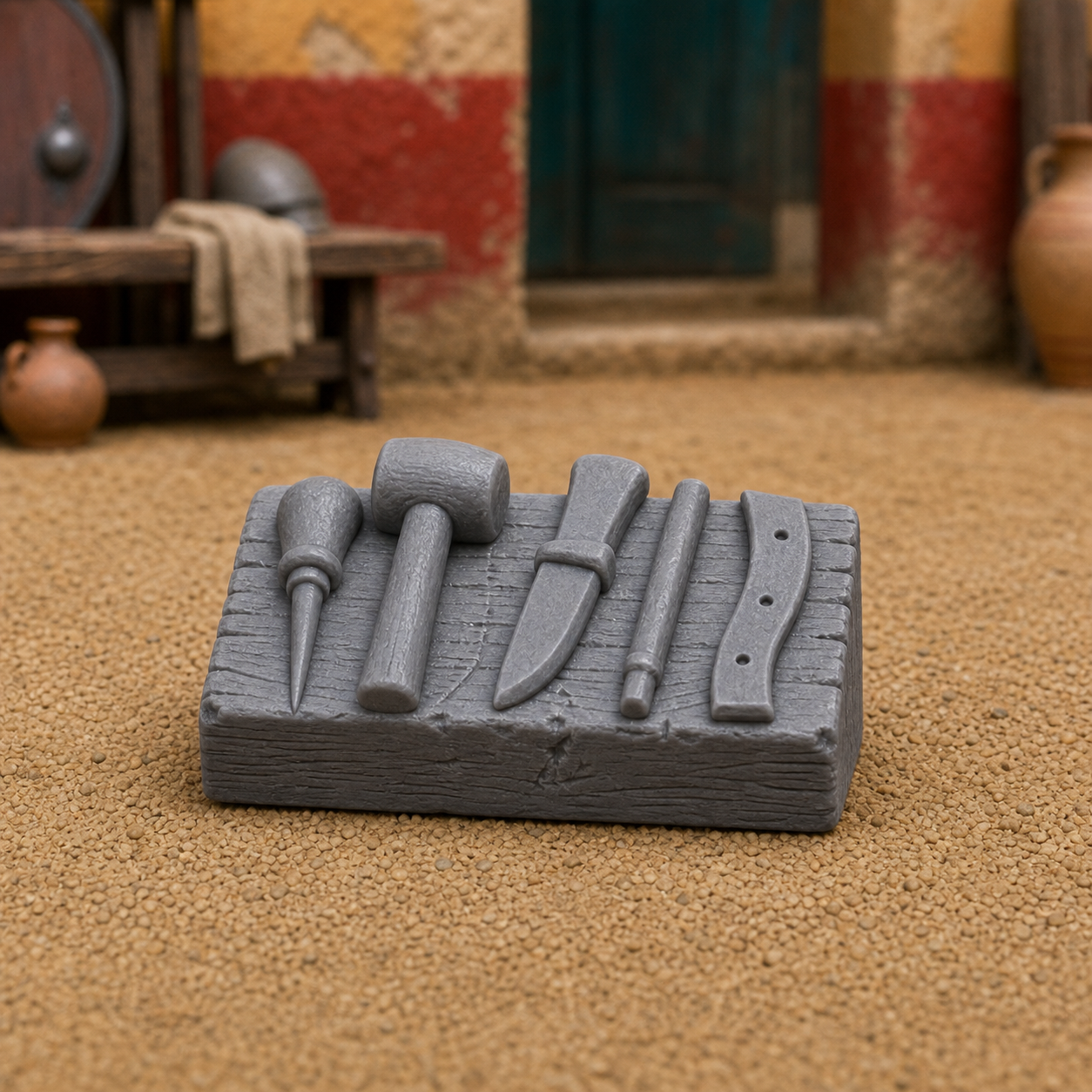 Repair Tool Block — Roman sutor workshop tool stand with lunellum, awl, bone folder, 1:35 scale grey resin miniature.