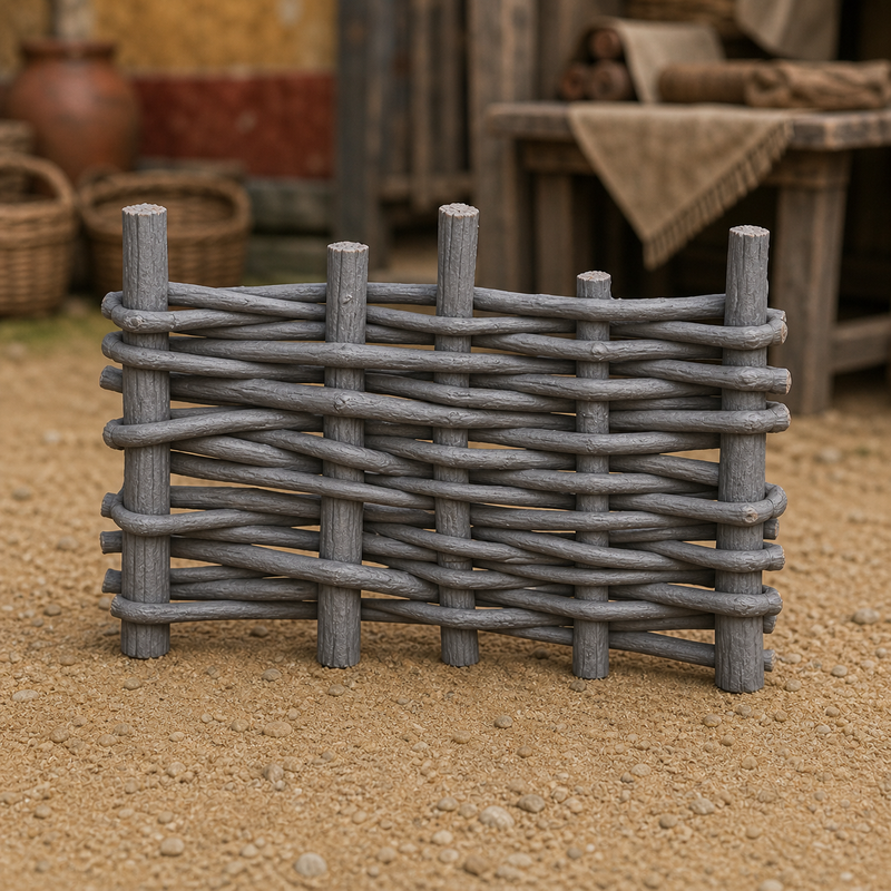 Wattle Fence Section - early medieval Parisian woven hazel fence with chunky stakes, 1:35 scale grey resin miniature.