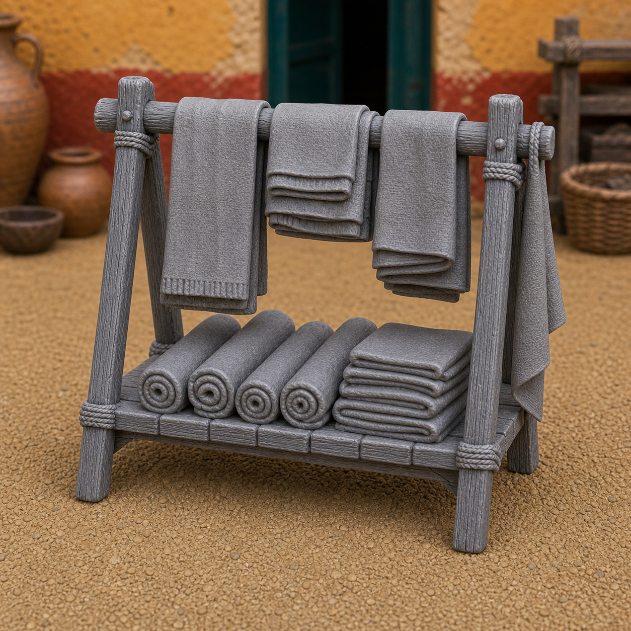 Cloth Merchant Rack — Roman vestiarius display rack with hanging tunics and folded textiles, 1:35 scale grey resin miniature.