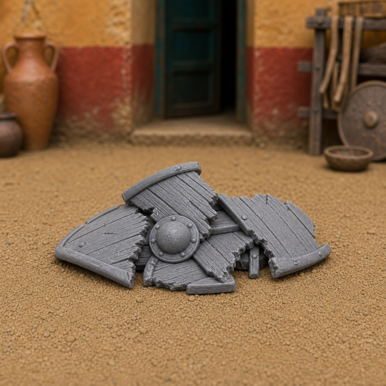 Broken Shield Pile - Roman gladiator school discarded training shields fused into one mass, 1:35 scale grey resin miniature.