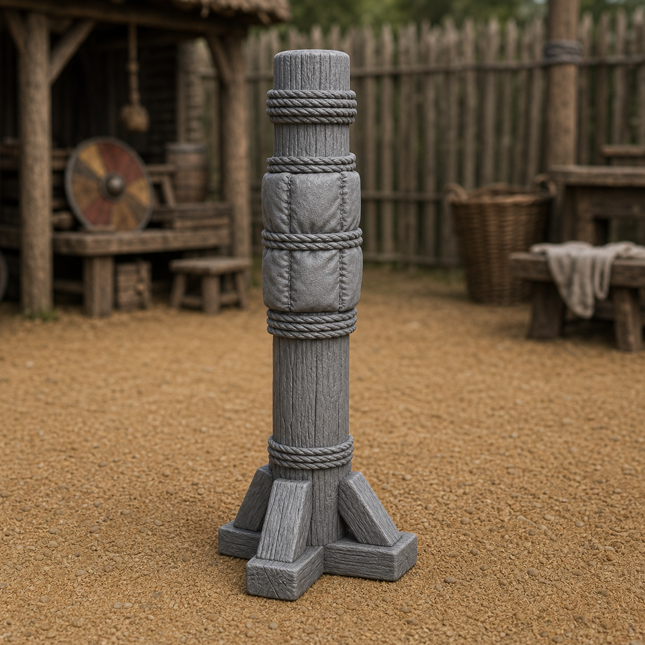Wooden Training Post - Anglo-Saxon thick oak training post driven into the yard with rope wrap and chip scars, 1:35 scale grey resin miniature.