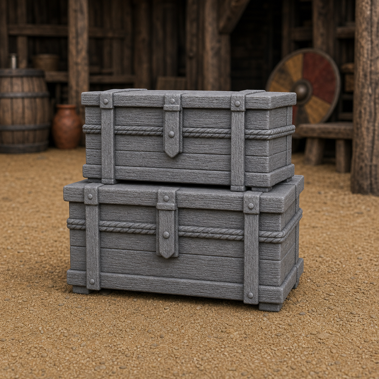 Storage Chest Stack - two stacked Anglo-Saxon plank chests with simple latches and strap detail, 1:35 scale grey resin miniature.