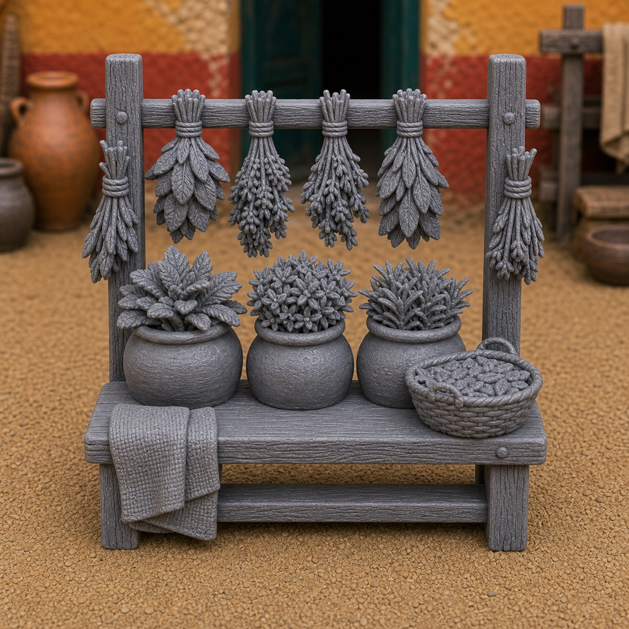 Herb Pots and Hanging Bundles — Roman herb seller display with potted plants and hanging dried bundles, 1:35 scale grey resin miniature.
